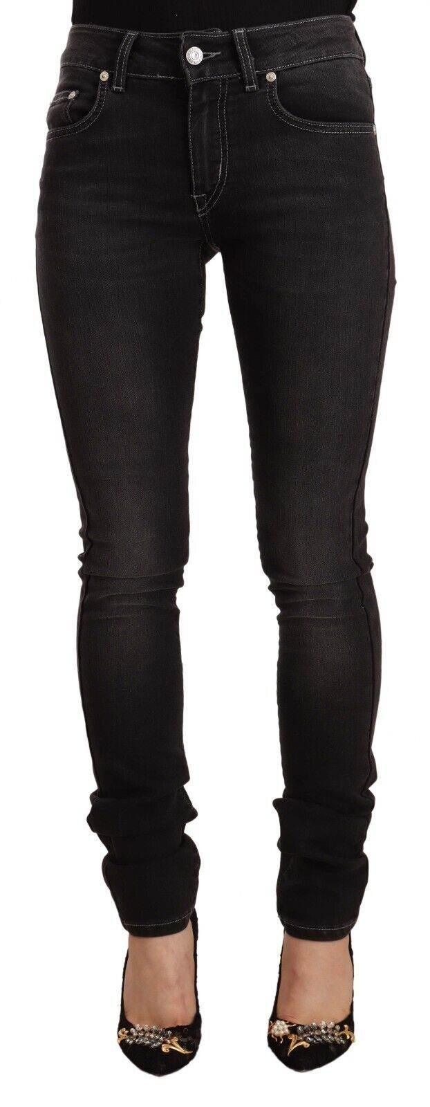 GF Ferre Black Washed Mid Waist Cotton Denim Skinny Jeans - Hilstor