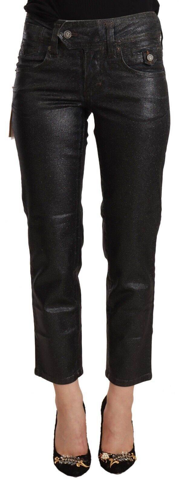 John Galliano Black Glittered Mid Waist Cotton Cropped Pants - Hilstor