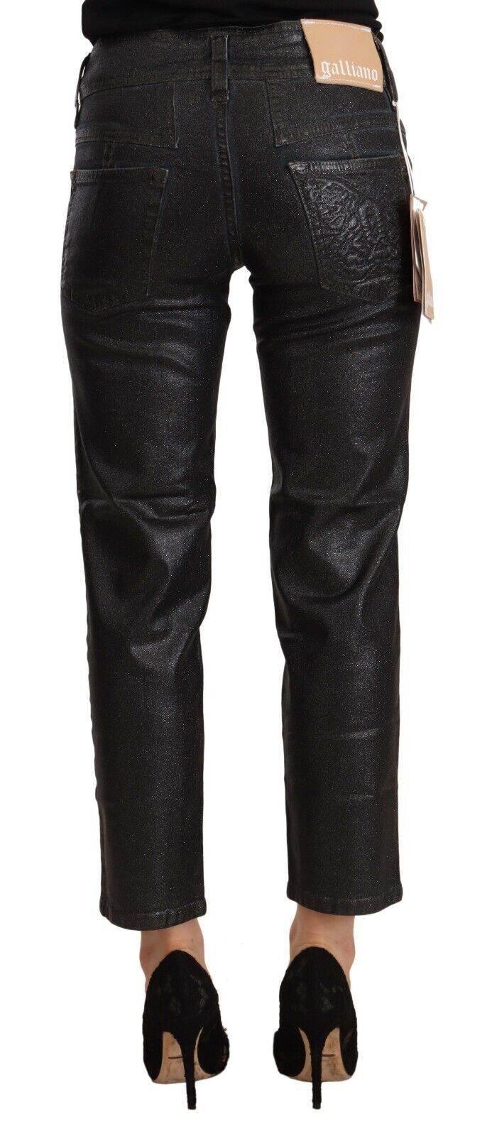 John Galliano Black Glittered Mid Waist Cotton Cropped Pants - Hilstor