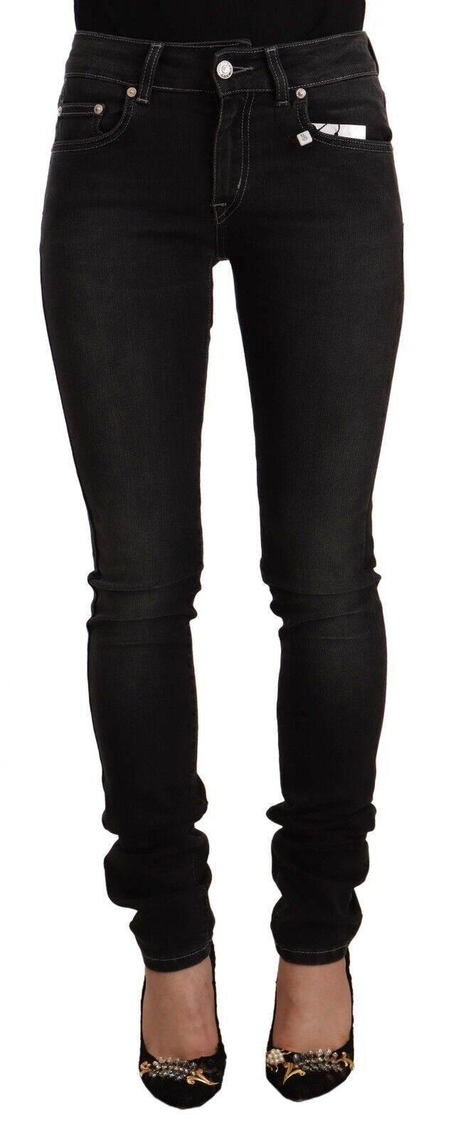 GF Ferre Black Washed Mid Waist Cotton Skinny Slim Fit Jeans - Hilstor