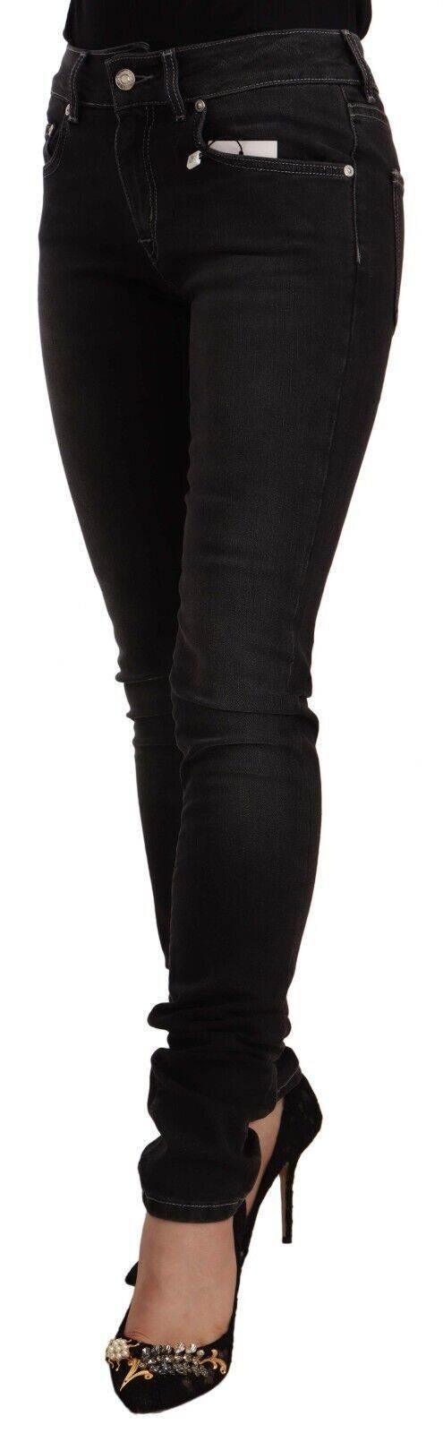 GF Ferre Black Washed Mid Waist Cotton Skinny Slim Fit Jeans - Hilstor
