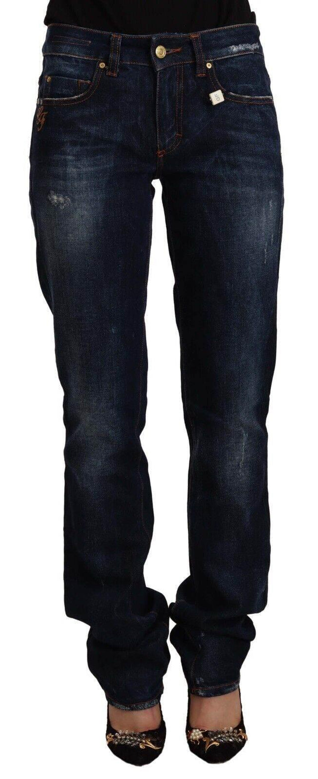 GF Ferre Dark Blue Washed Mid Waist Cotton Denim Straight Jeans - Hilstor