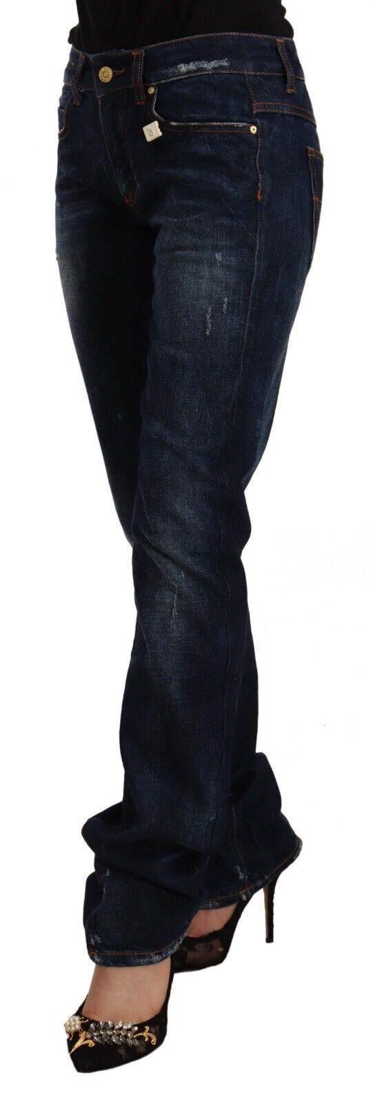 GF Ferre Dark Blue Washed Mid Waist Cotton Denim Straight Jeans - Hilstor