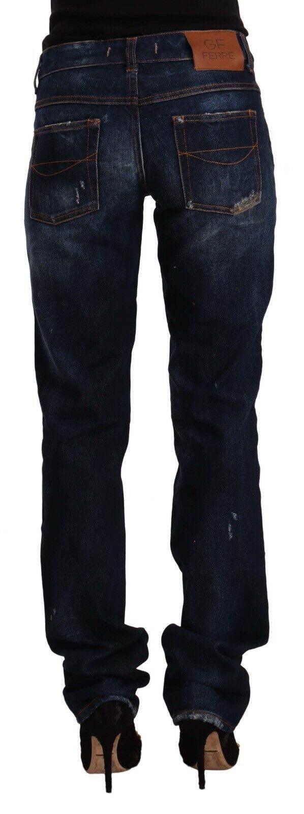 GF Ferre Dark Blue Washed Mid Waist Cotton Denim Straight Jeans - Hilstor