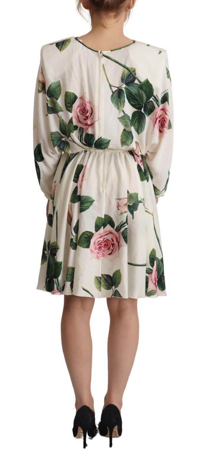 Dolce & Gabbana White Rose Print Long Sleeves A-line Dress - Hilstor
