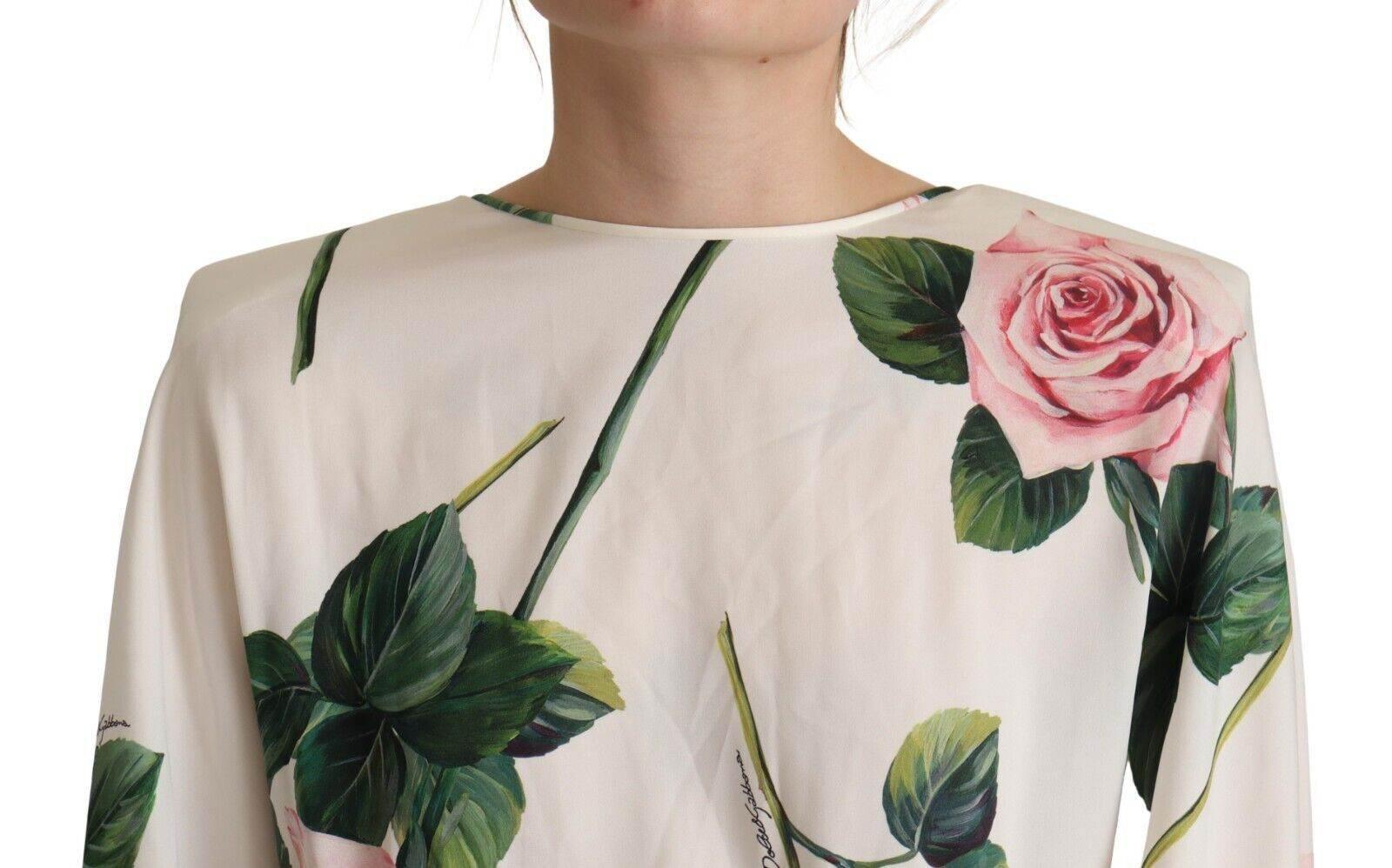 Dolce & Gabbana White Rose Print Long Sleeves A-line Dress - Hilstor