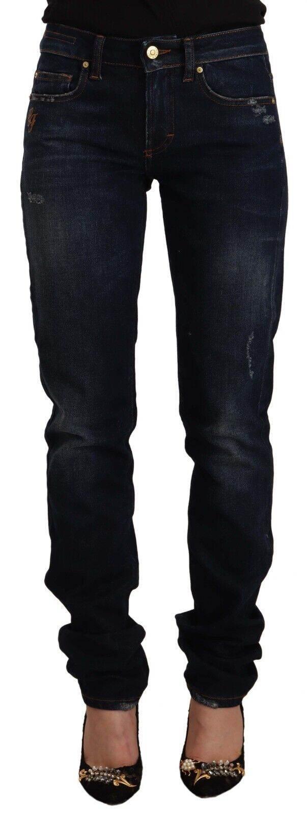 GF Ferre Dark Blue Washed Mid Waist Cotton Denim Skinny Jeans - Hilstor