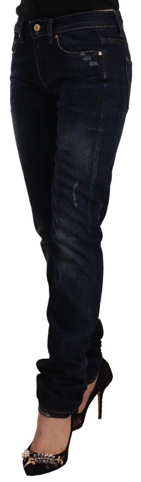 GF Ferre Dark Blue Washed Mid Waist Cotton Denim Skinny Jeans - Hilstor
