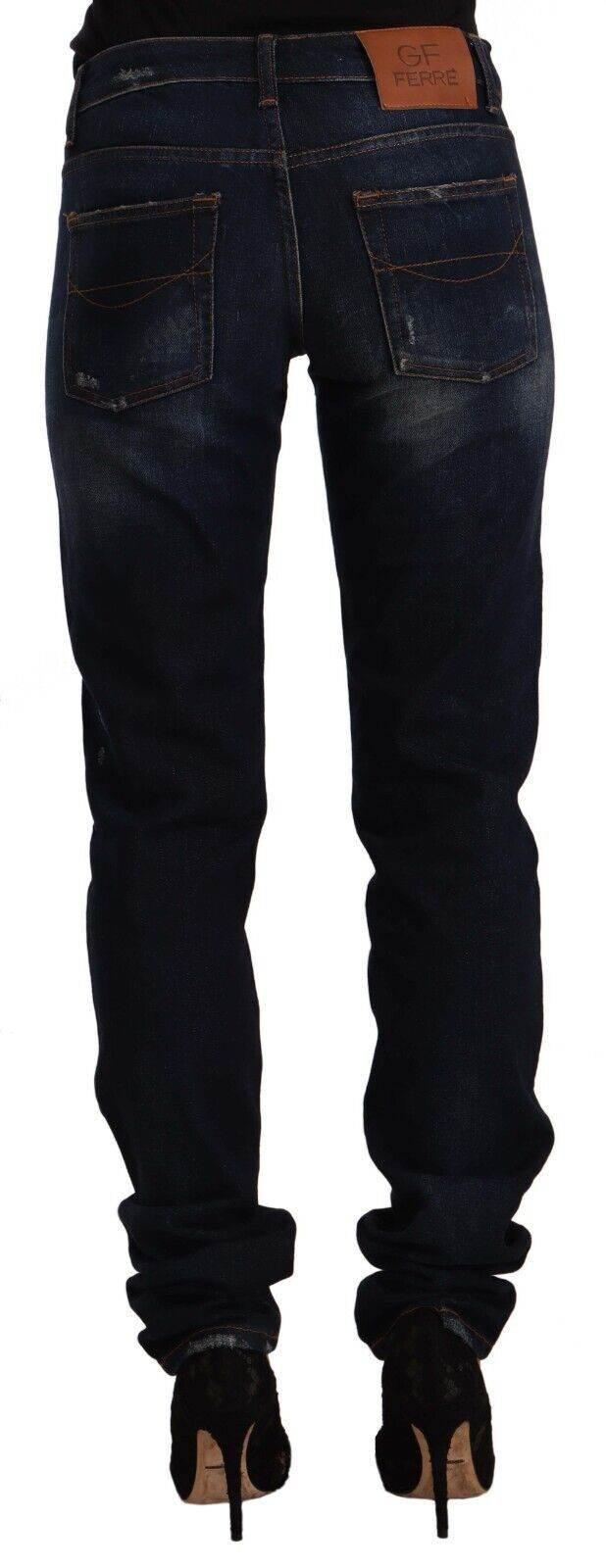 GF Ferre Dark Blue Washed Mid Waist Cotton Denim Skinny Jeans - Hilstor