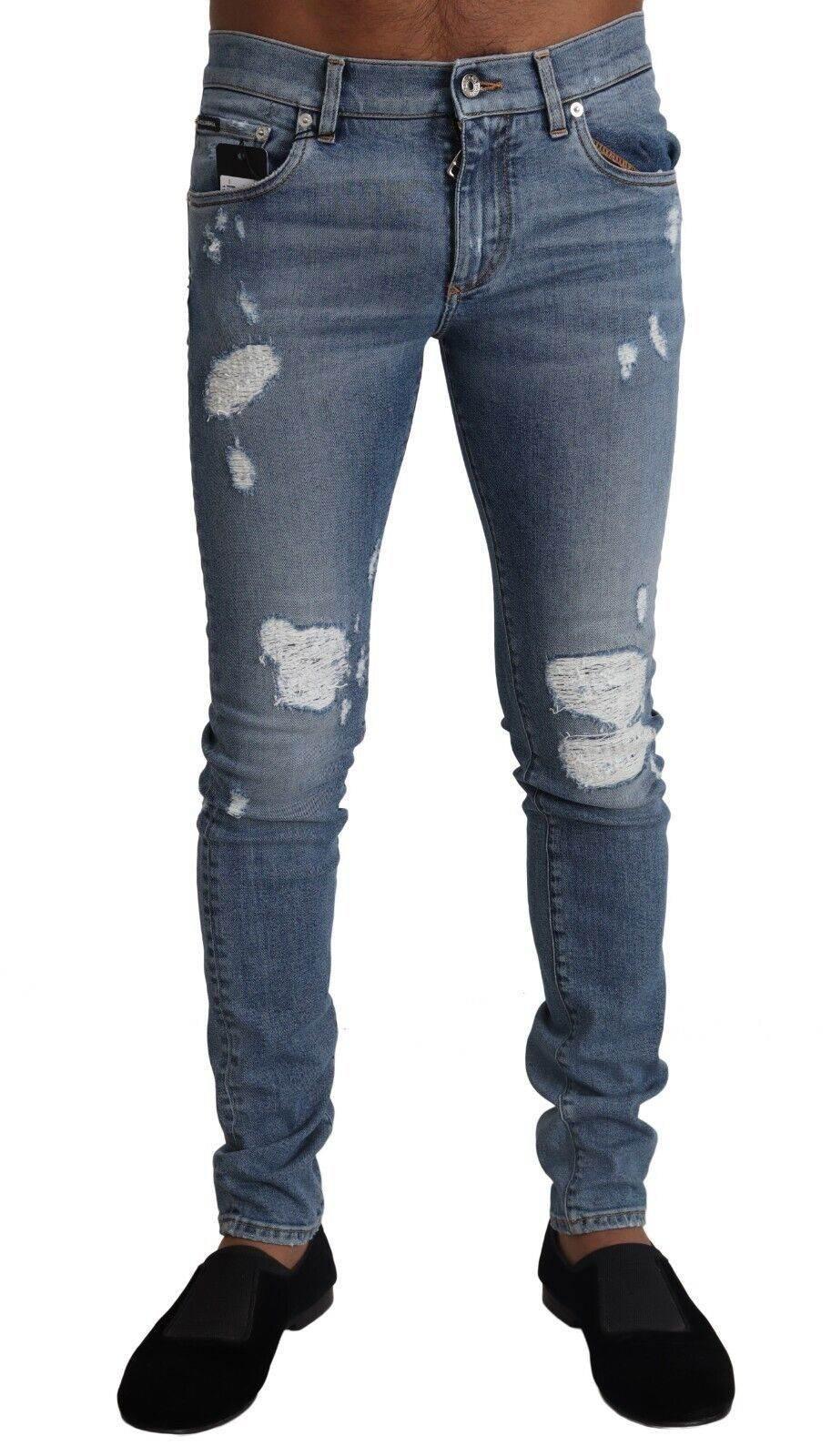Dolce & Gabbana Light Blue Tattered Cotton Denim Skinny Jeans - Hilstor