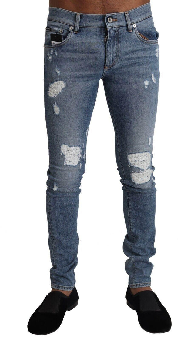 Dolce & Gabbana Light Blue Tattered Cotton Denim Skinny Jeans - Hilstor