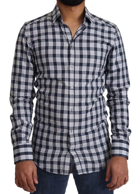 Dolce & Gabbana Elegant Blue & White Checkered Slim Fit Dress Shirt - Hilstor