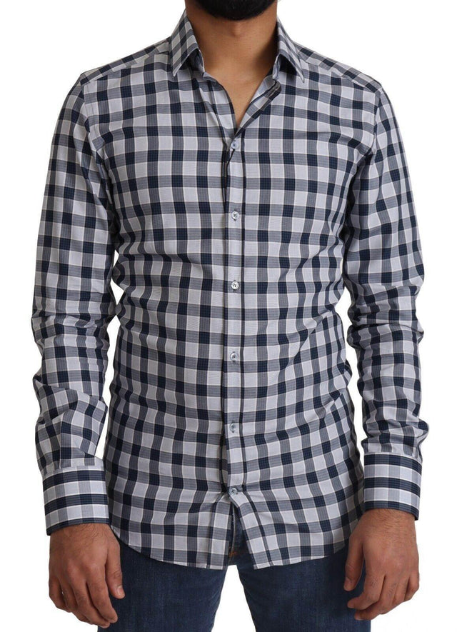 Dolce & Gabbana Elegant Blue & White Checkered Slim Fit Dress Shirt - Hilstor