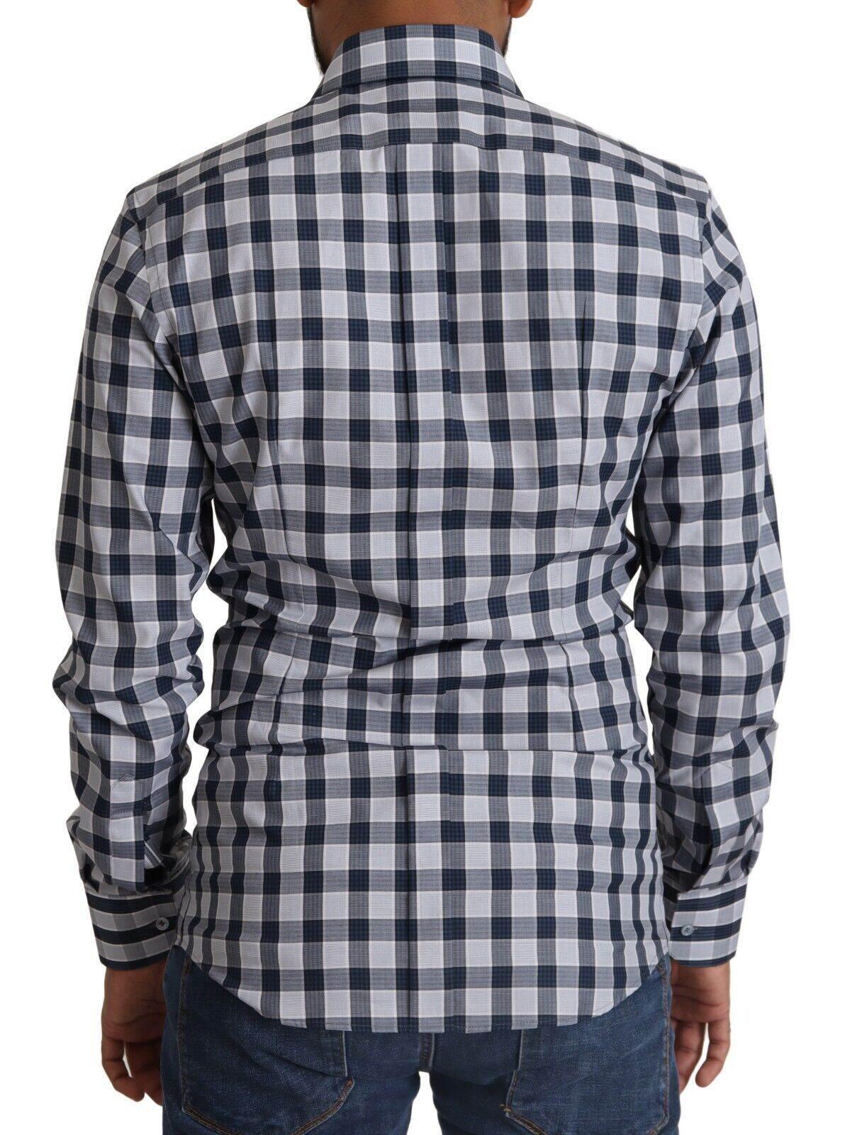 Dolce & Gabbana Elegant Blue & White Checkered Slim Fit Dress Shirt - Hilstor