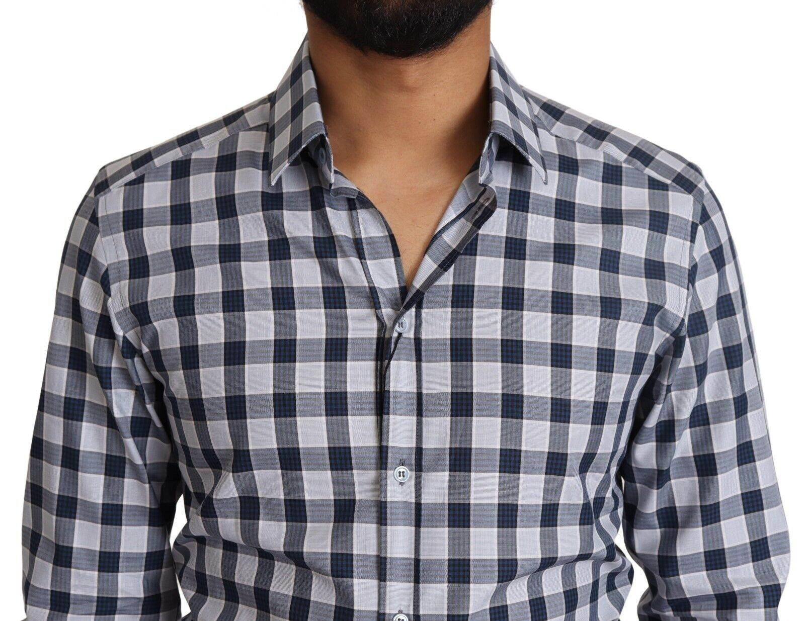 Dolce & Gabbana Elegant Blue & White Checkered Slim Fit Dress Shirt - Hilstor