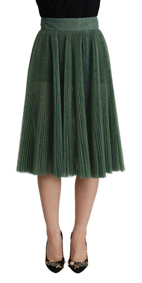Dolce & Gabbana Metallic Green Pleated A-Line Midi Skirt - Hilstor