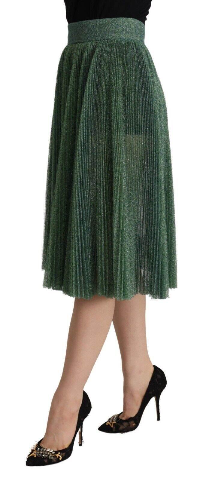Dolce & Gabbana Metallic Green Pleated A-Line Midi Skirt - Hilstor
