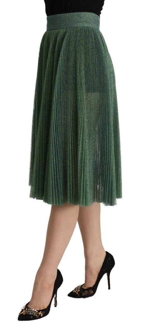 Dolce & Gabbana Metallic Green Pleated A-Line Midi Skirt - Hilstor