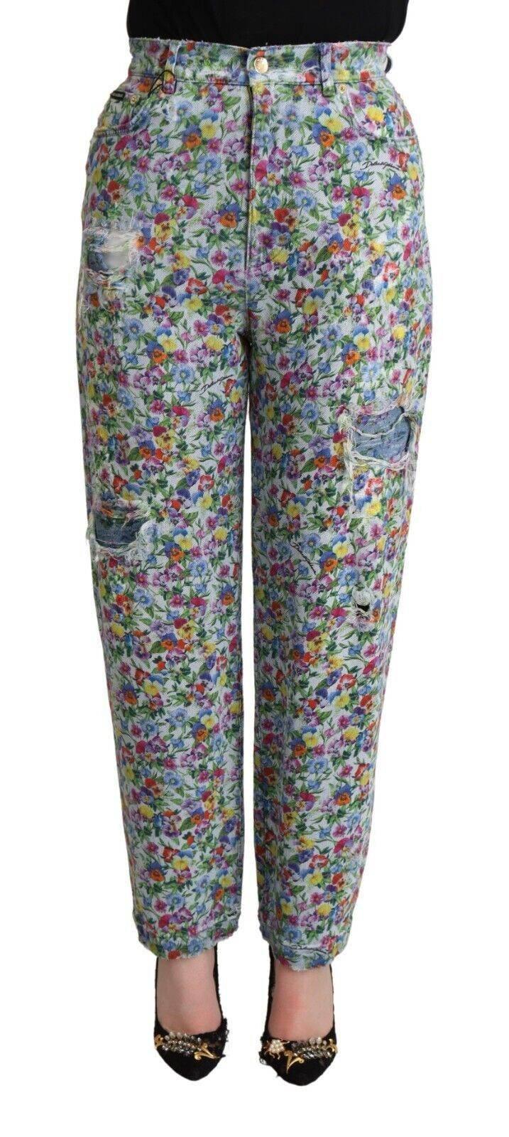 Dolce & Gabbana Blue Floral Print High Waist Denim Tapered Jeans - Hilstor