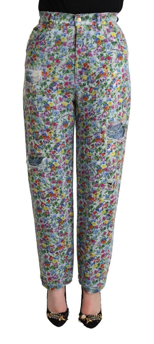 Dolce & Gabbana Blue Floral Print High Waist Denim Tapered Jeans - Hilstor