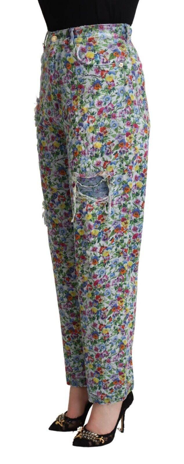 Dolce & Gabbana Blue Floral Print High Waist Denim Tapered Jeans - Hilstor
