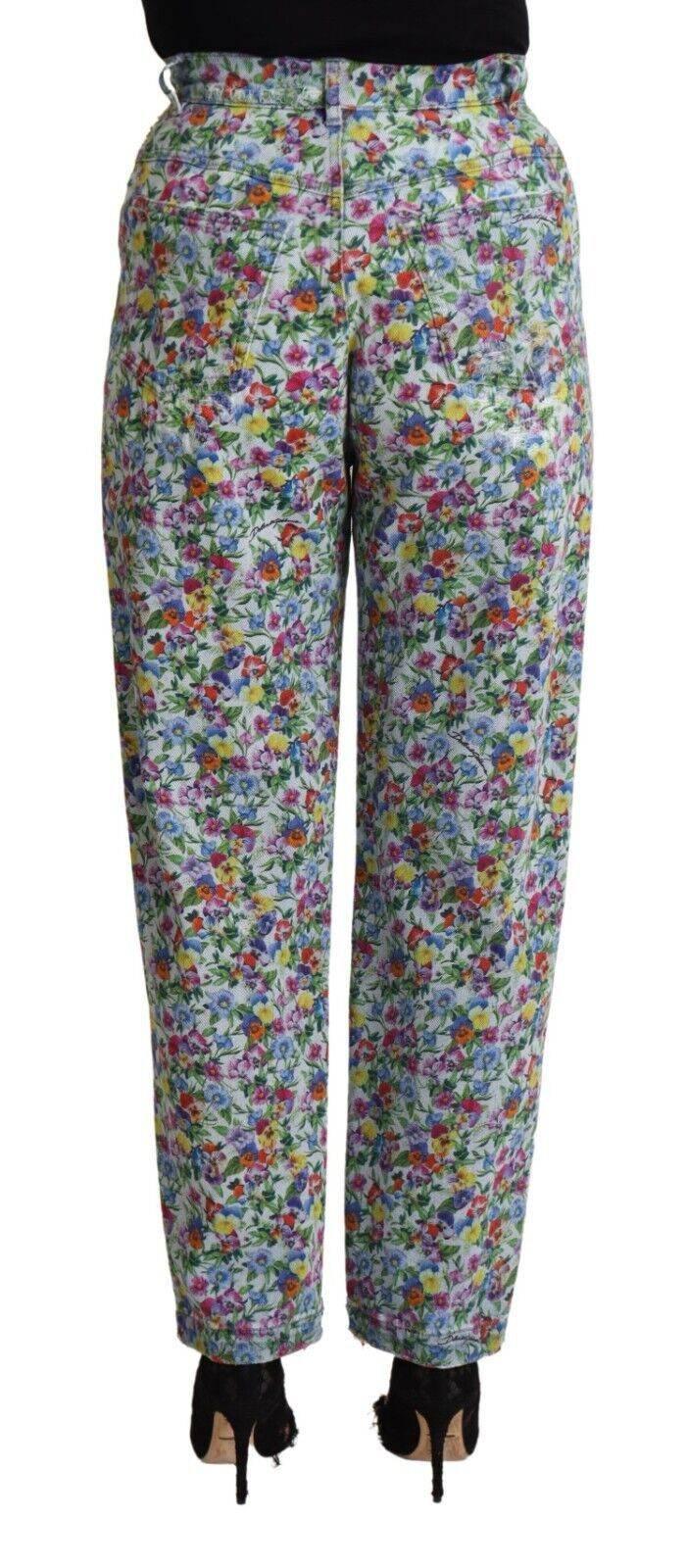 Dolce & Gabbana Blue Floral Print High Waist Denim Tapered Jeans - Hilstor