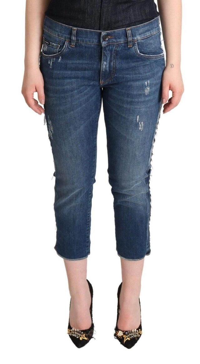Dolce & Gabbana Blue Washed Mid Waist Denim Logo Cropped Jeans - Hilstor