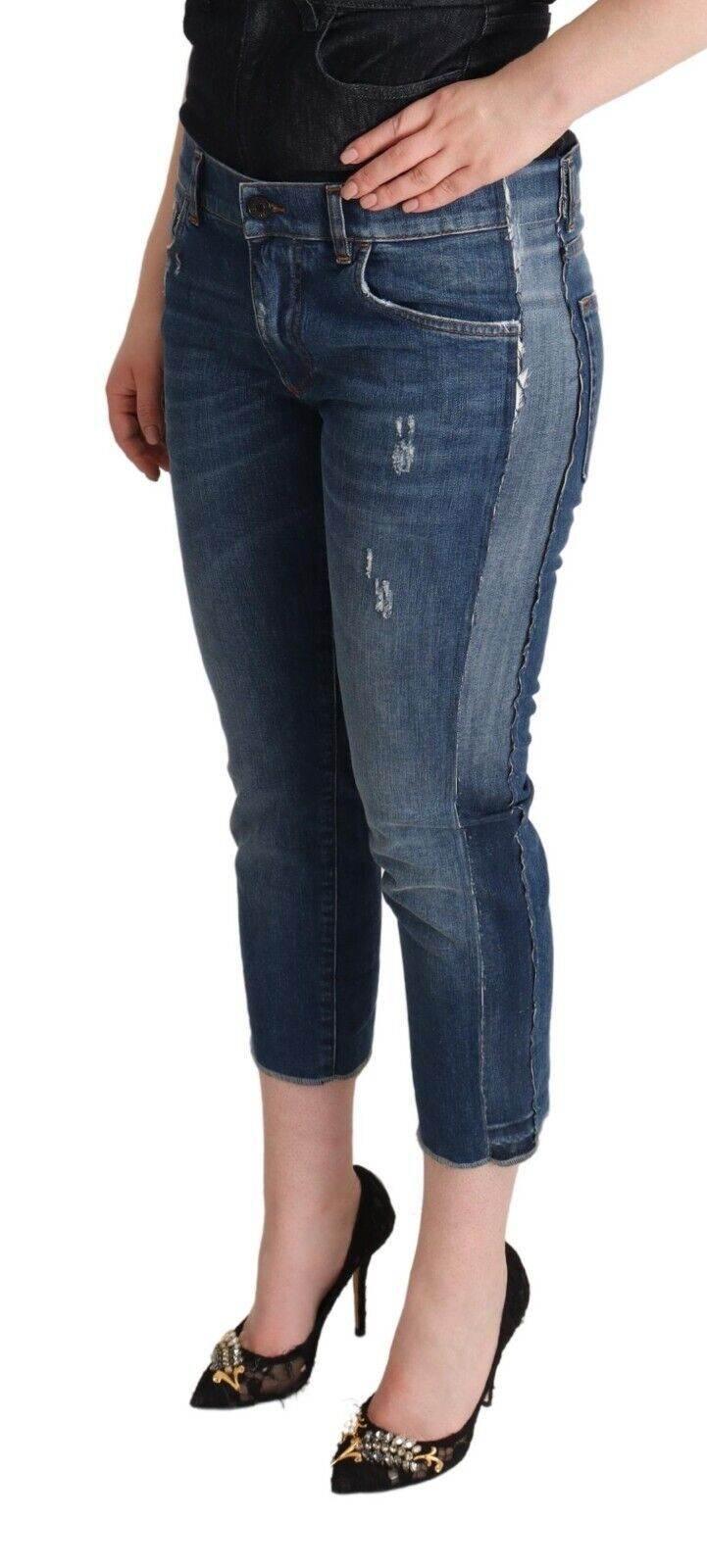 Dolce & Gabbana Blue Washed Mid Waist Denim Logo Cropped Jeans - Hilstor