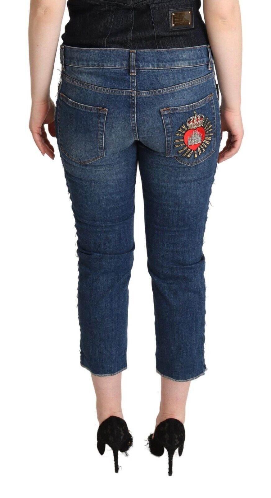 Dolce & Gabbana Blue Washed Mid Waist Denim Logo Cropped Jeans - Hilstor