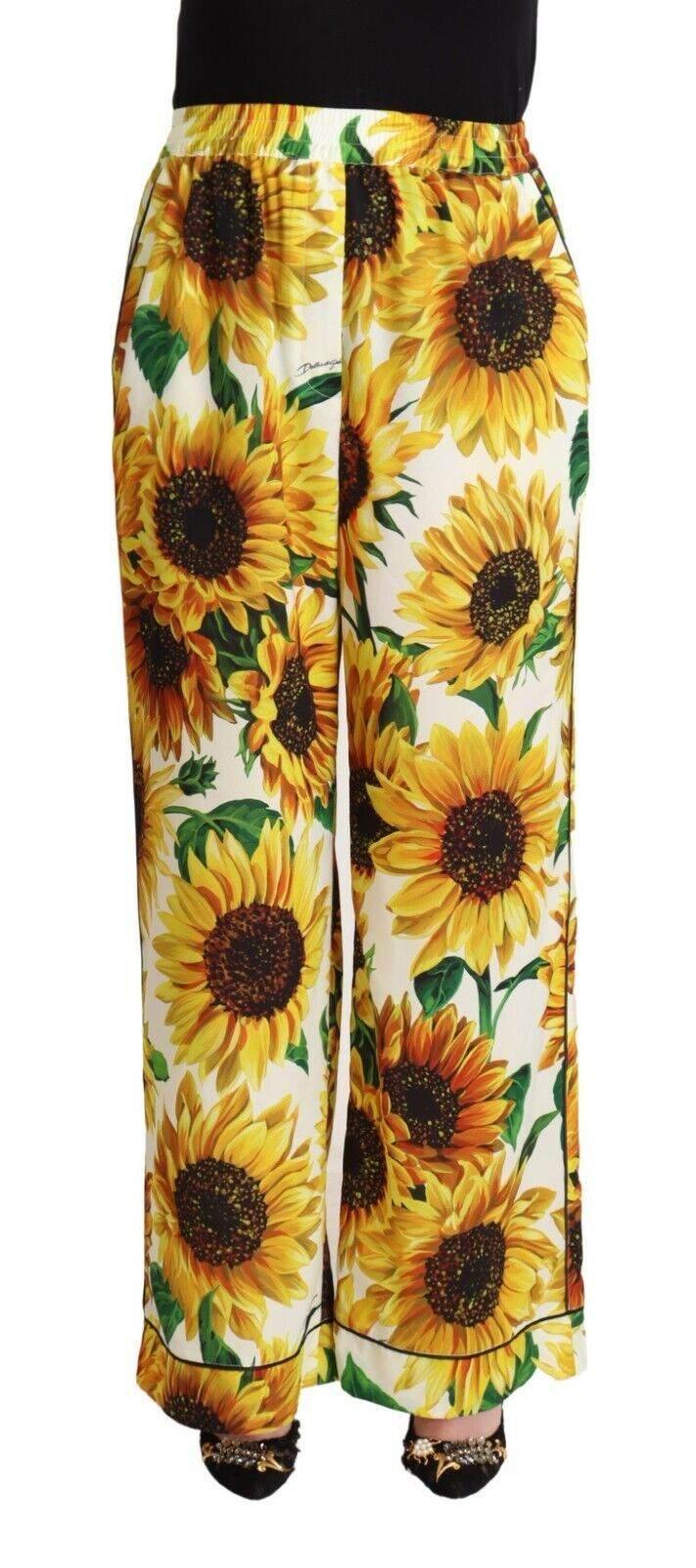 Dolce & Gabbana White Sunflower Print Mid Waist Wide Leg Pants - Hilstor