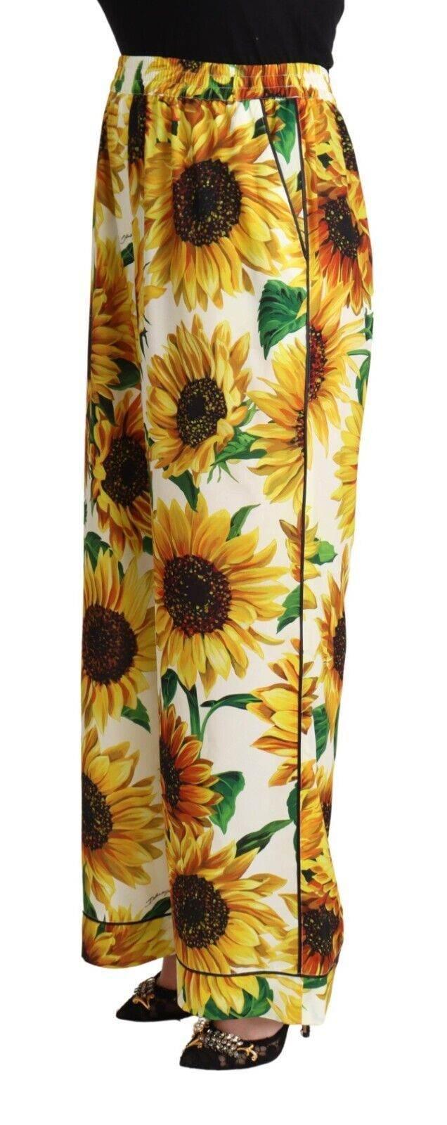 Dolce & Gabbana White Sunflower Print Mid Waist Wide Leg Pants - Hilstor