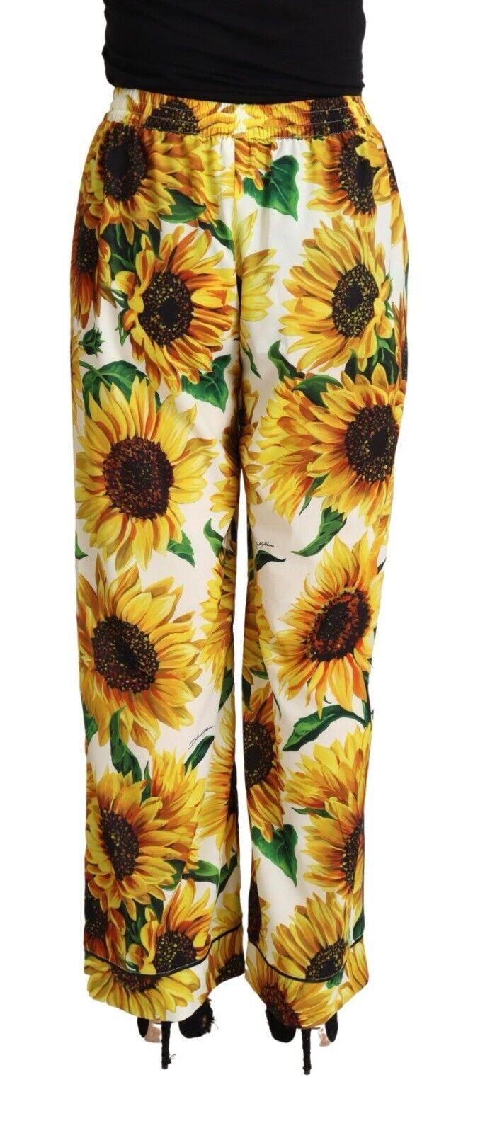 Dolce & Gabbana White Sunflower Print Mid Waist Wide Leg Pants - Hilstor