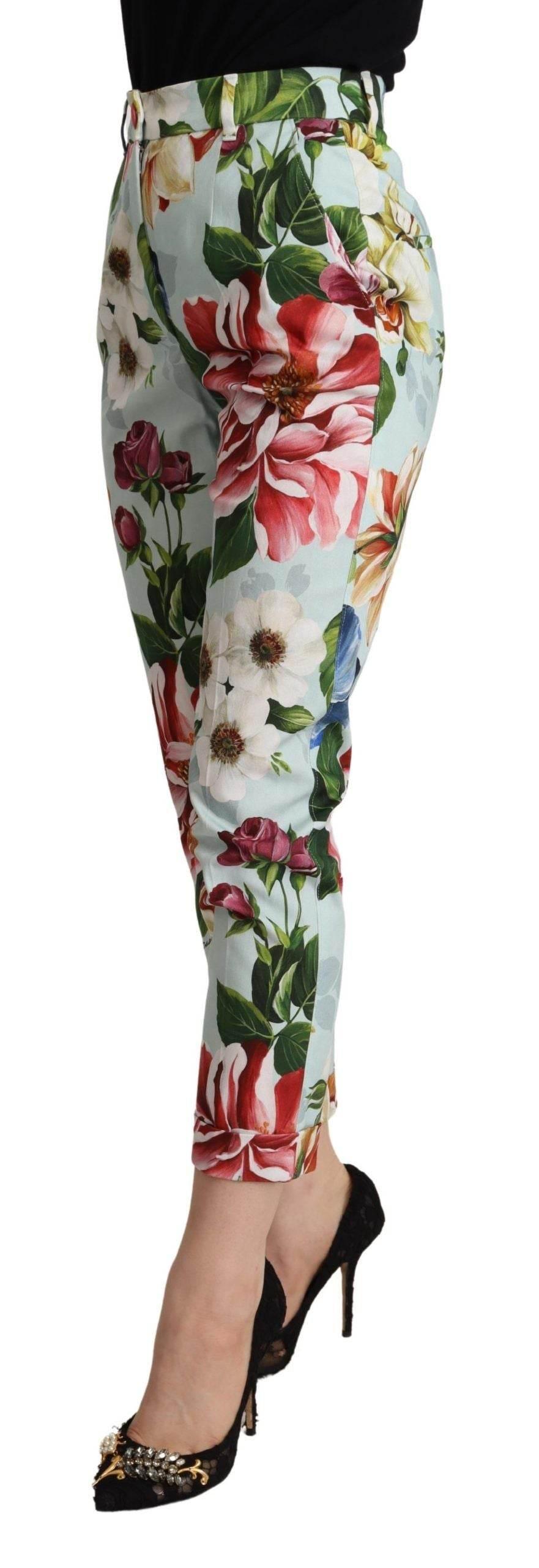 Dolce & Gabbana Light Blue Fiori Print Cotton Trouser Tapered Pants - Hilstor
