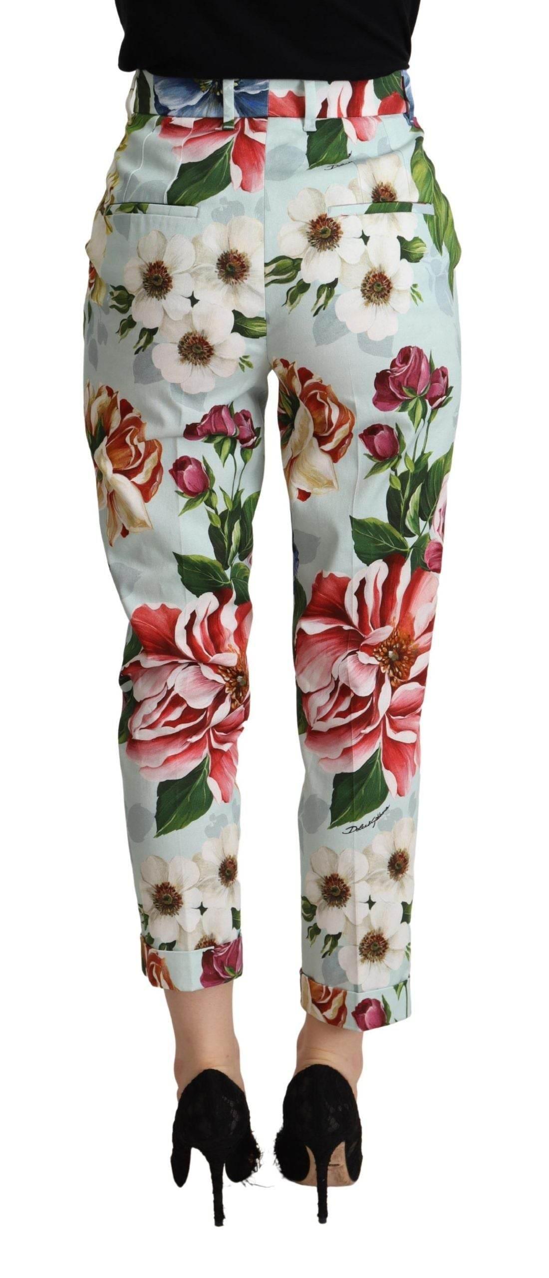 Dolce & Gabbana Light Blue Fiori Print Cotton Trouser Tapered Pants - Hilstor