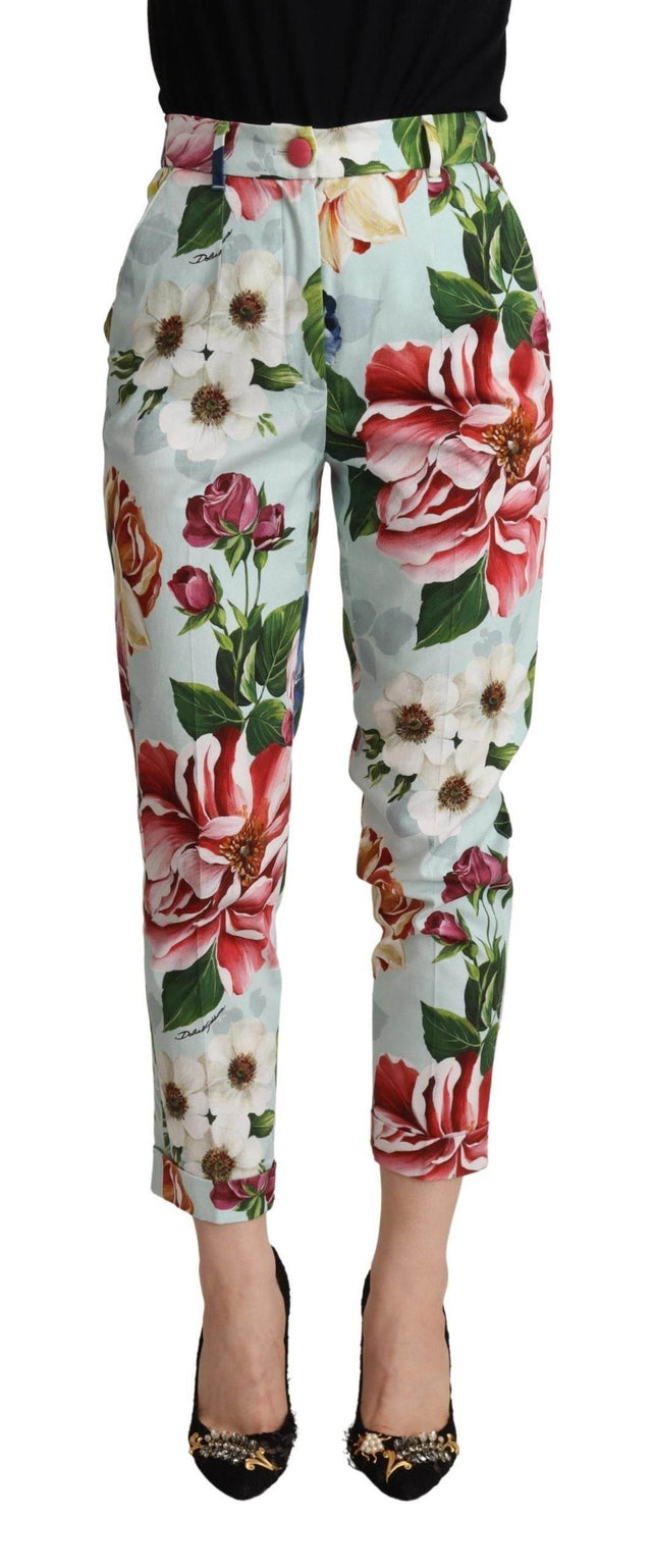 Dolce & Gabbana Light Blue Fiori Print Cotton Trouser Tapered Pants - Hilstor