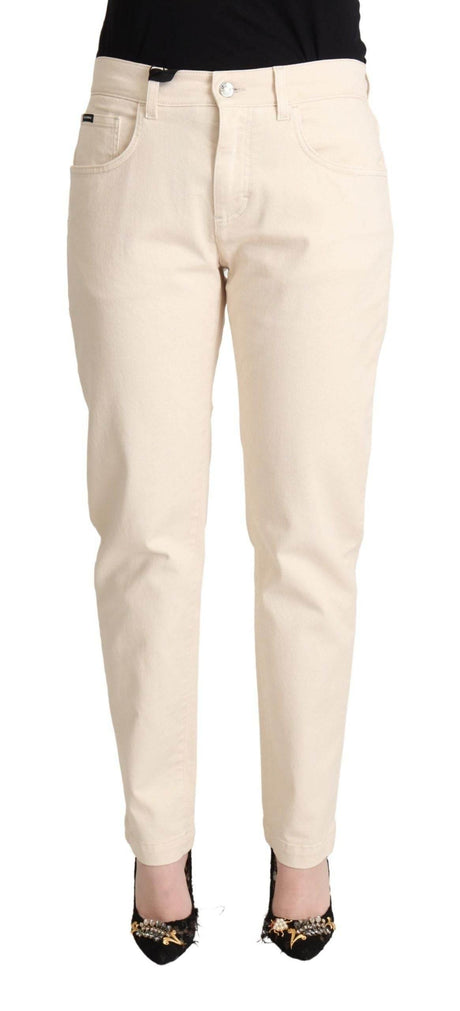 Dolce & Gabbana Chic White Skinny Boyfriend Jeans with Logo Plaque - Hilstor