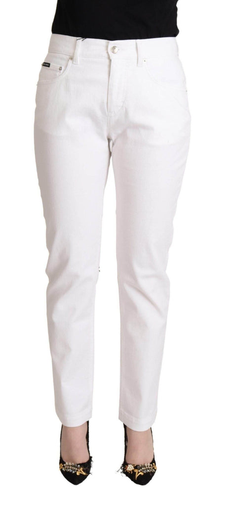 Dolce & Gabbana Chic White Tapered Denim Jeans with Logo Patch - Hilstor