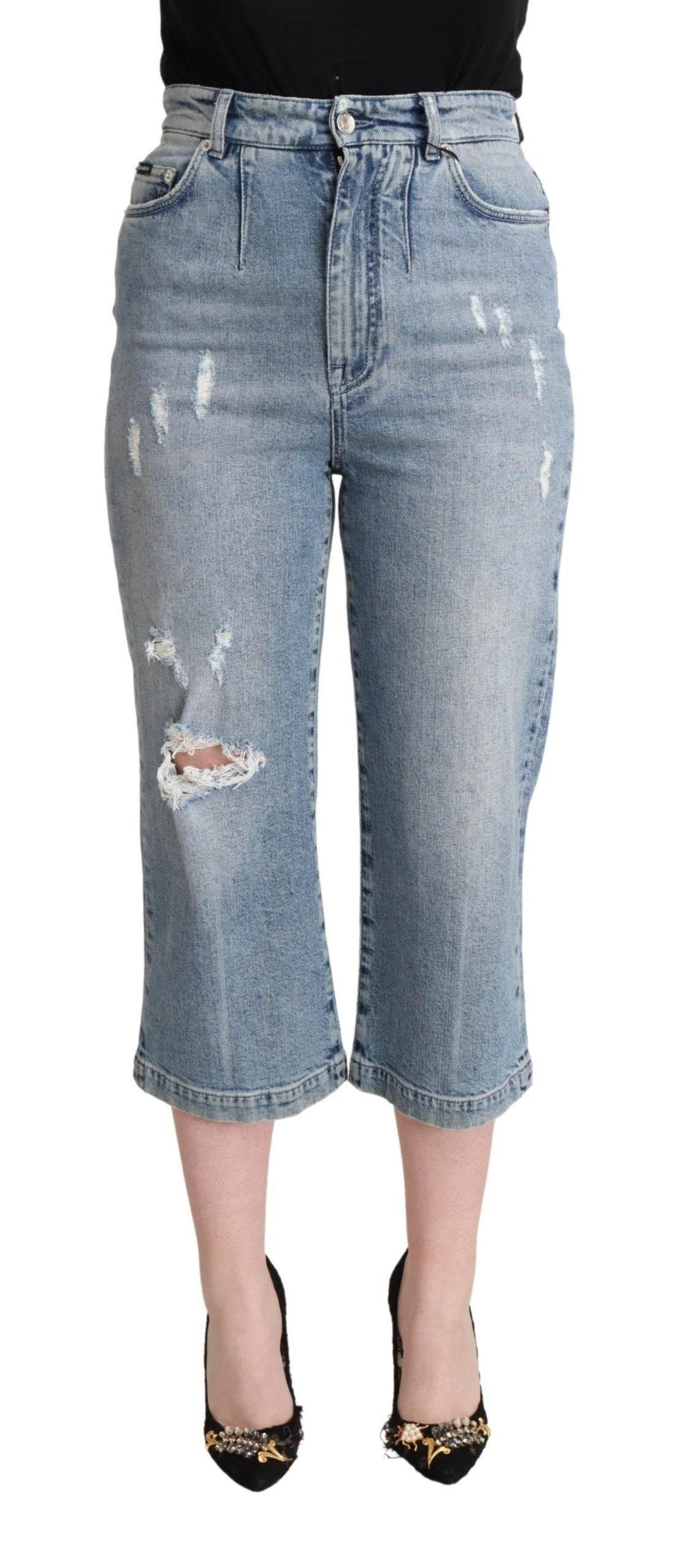 Dolce & Gabbana Blue Tattered Cotton Denim Capri Cropped Jeans - Hilstor
