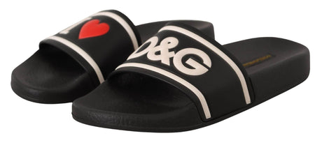 Dolce & Gabbana Black Leather I Love D&G Slides Sandals - Hilstor
