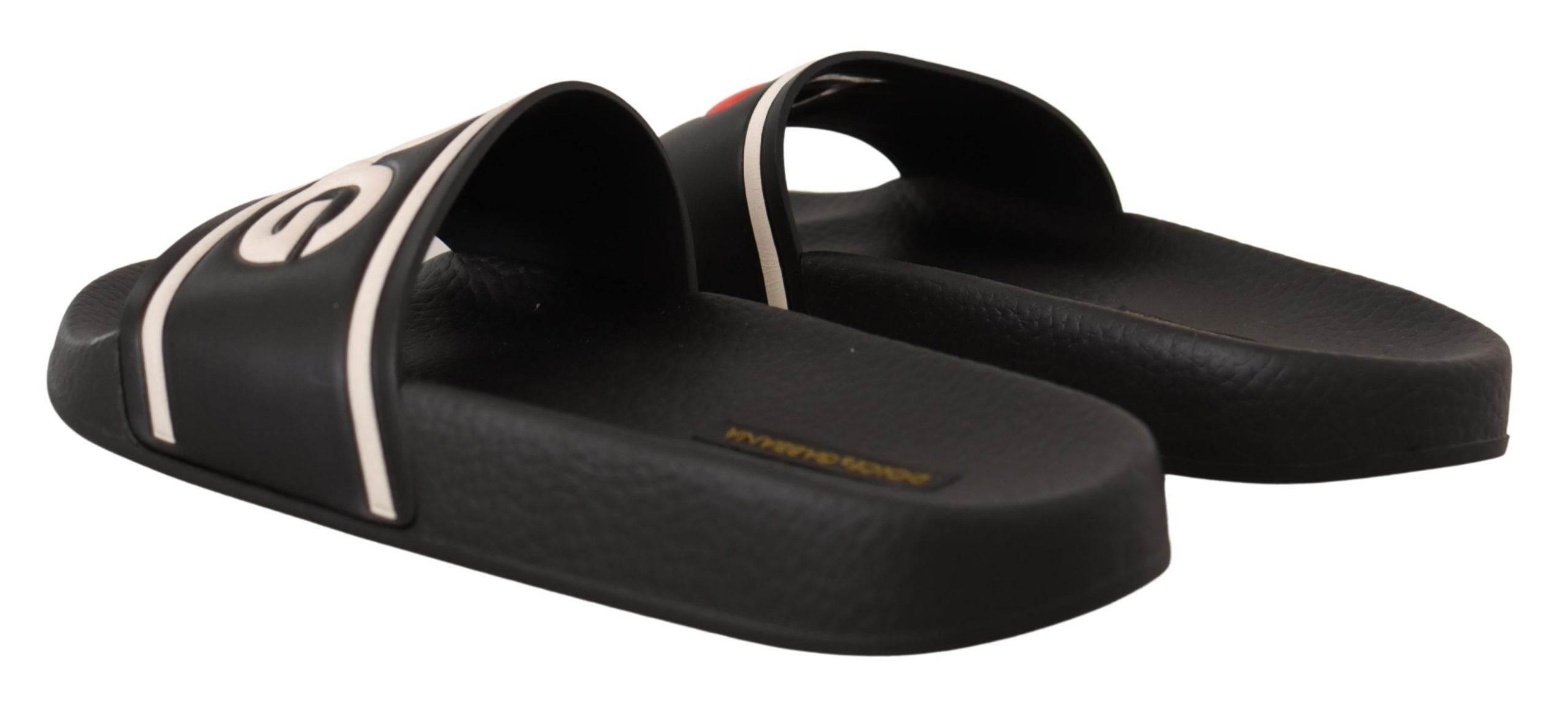 Dolce & Gabbana Black Leather I Love D&G Slides Sandals - Hilstor