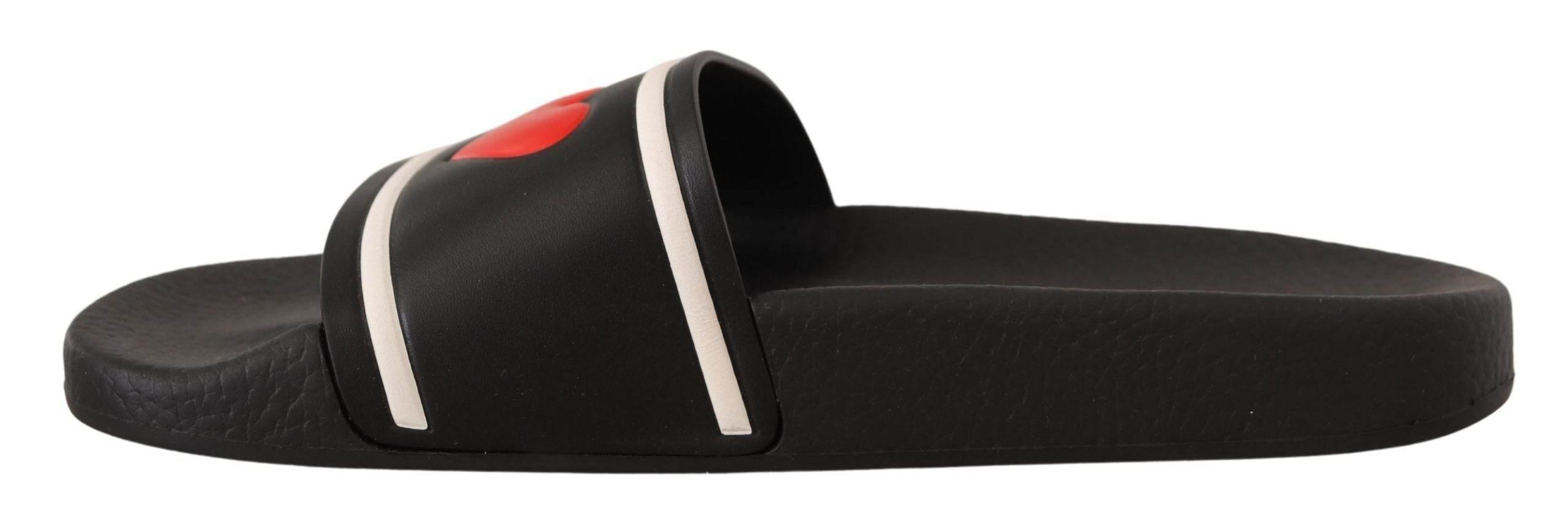 Dolce & Gabbana Black Leather I Love D&G Slides Sandals - Hilstor