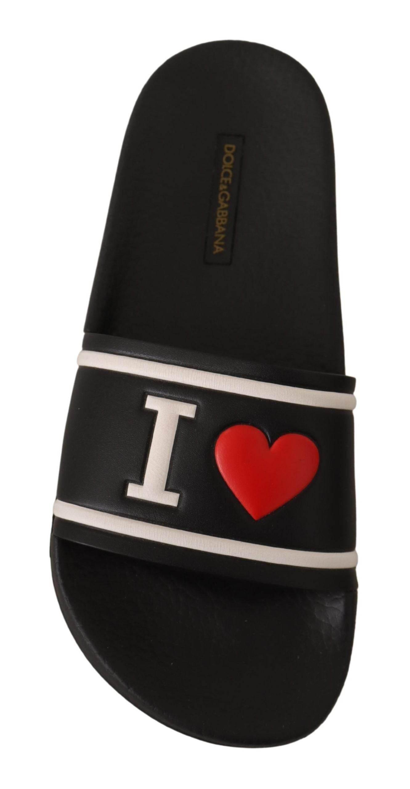 Dolce & Gabbana Black Leather I Love D&G Slides Sandals - Hilstor