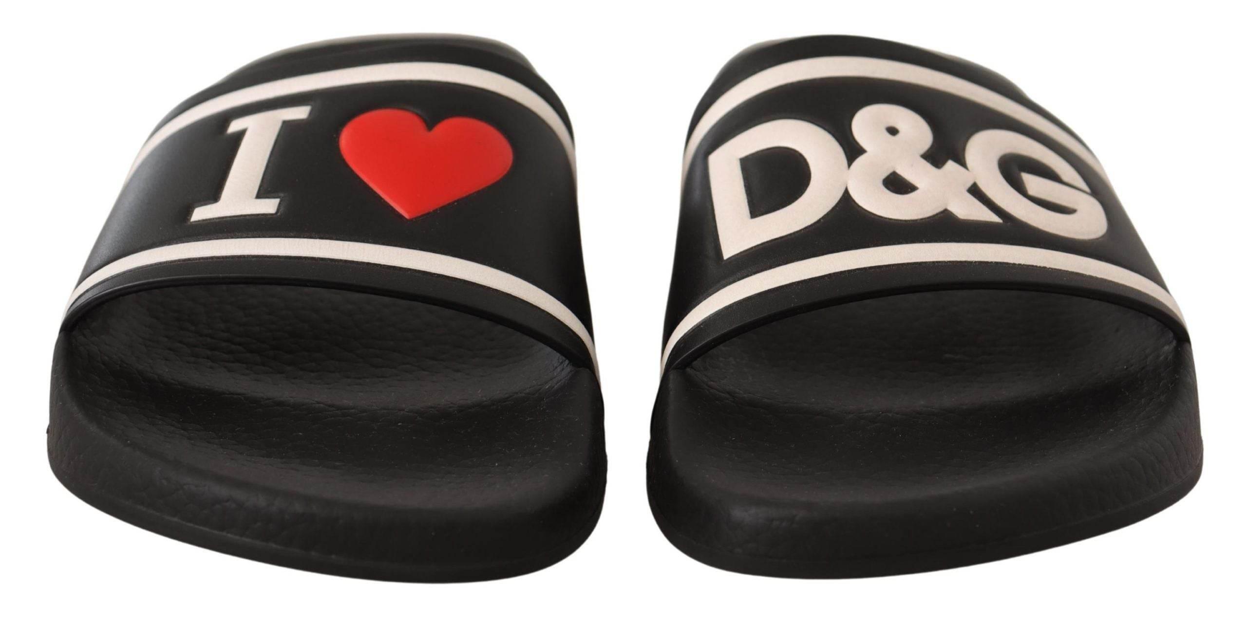 Dolce & Gabbana Black Leather I Love D&G Slides Sandals - Hilstor