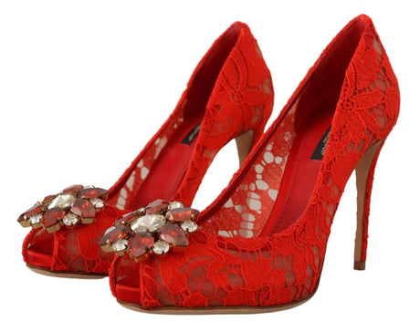 Dolce & Gabbana Red Crystal Taormina Lace Heels Pumps - Hilstor