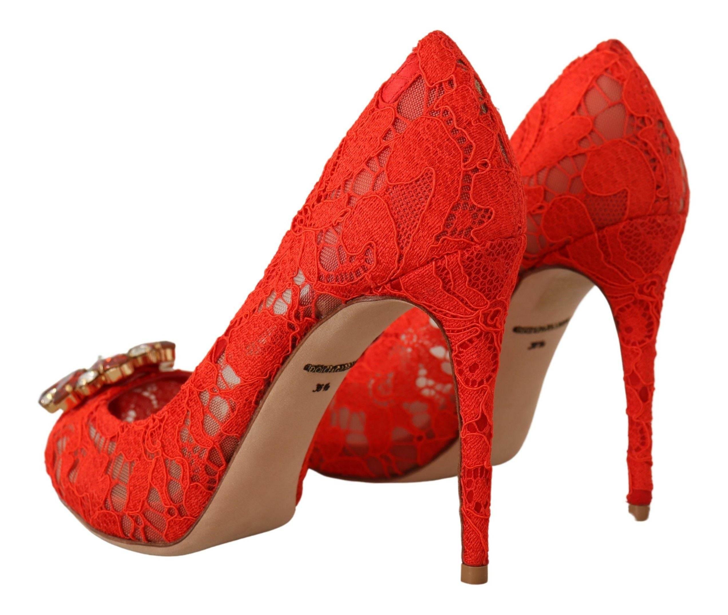 Dolce & Gabbana Red Crystal Taormina Lace Heels Pumps - Hilstor