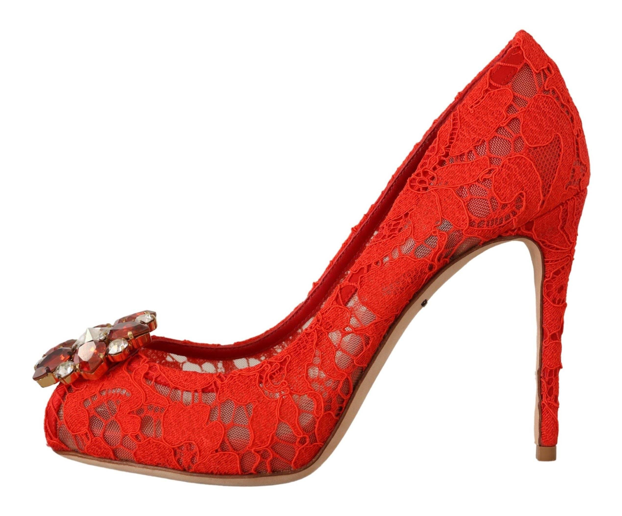 Dolce & Gabbana Red Crystal Taormina Lace Heels Pumps - Hilstor