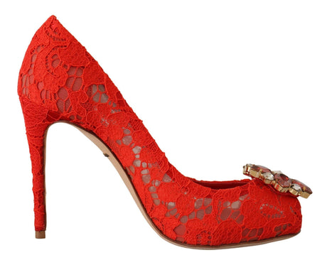 Dolce & Gabbana Red Crystal Taormina Lace Heels Pumps - Hilstor