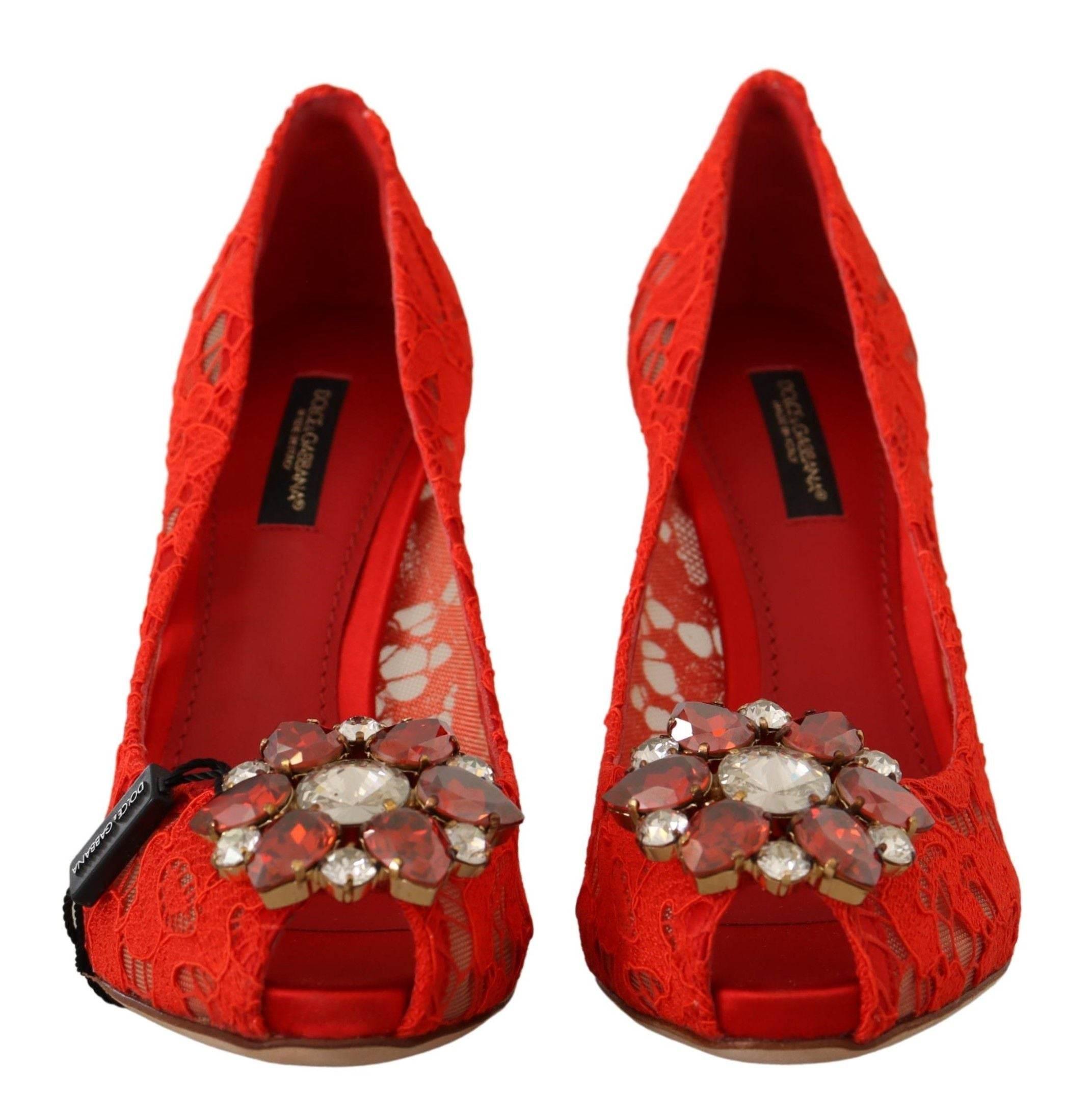 Dolce & Gabbana Red Crystal Taormina Lace Heels Pumps - Hilstor