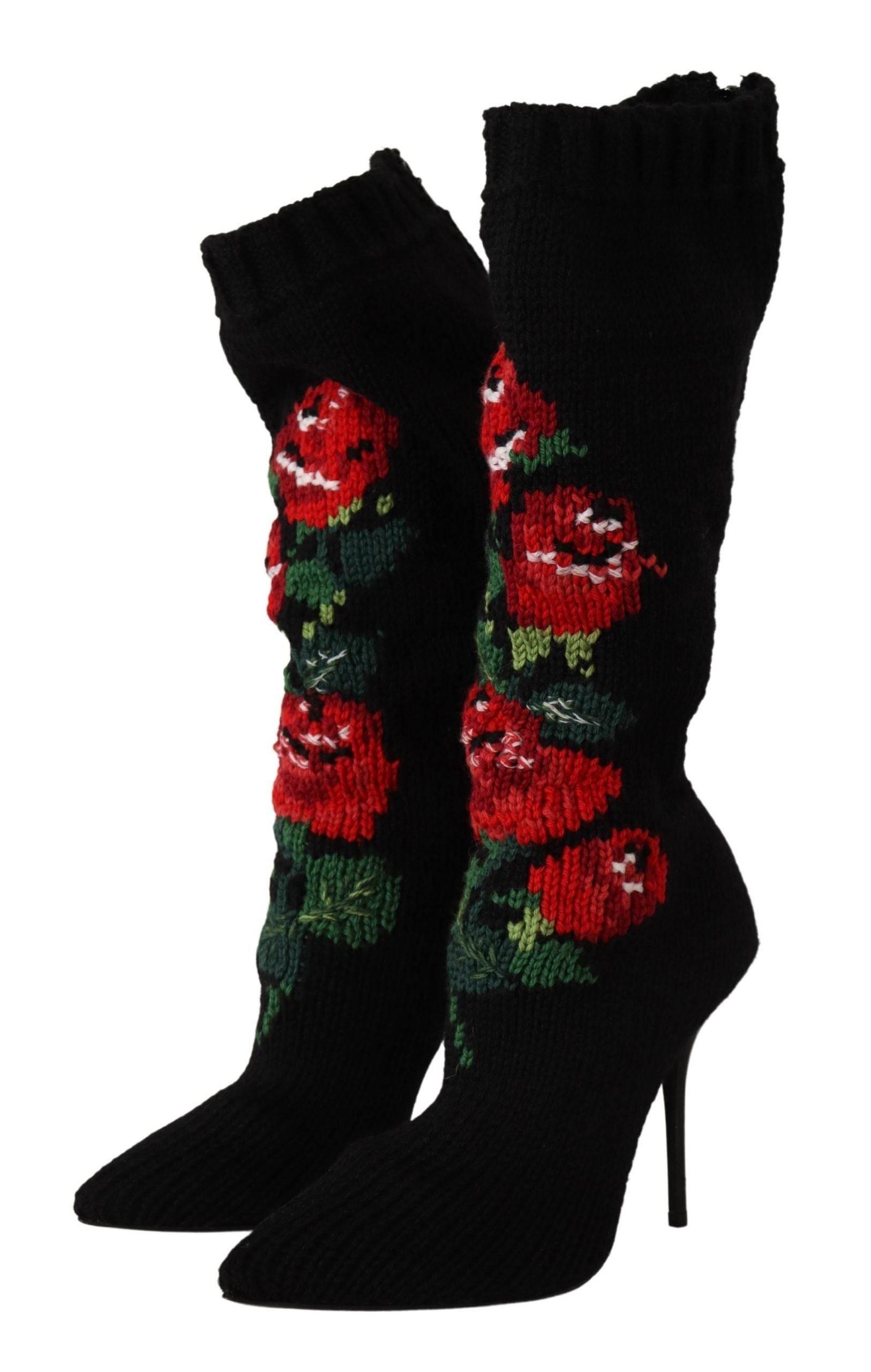 Dolce & Gabbana Elegant Sock Boots with Red Roses Detail - Hilstor
