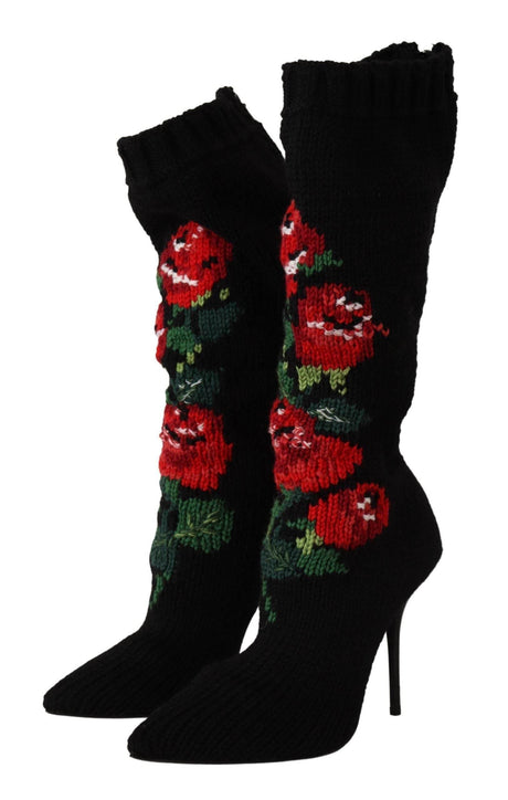Dolce & Gabbana Elegant Sock Boots with Red Roses Detail - Hilstor